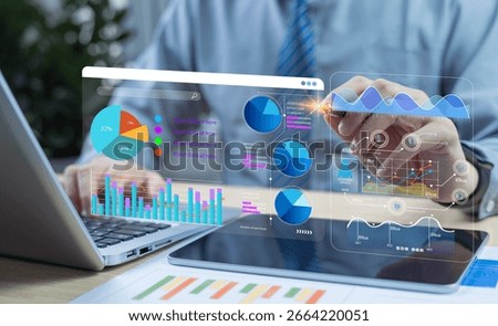 Analysts using AI-powered data analysis tools. Dashboard reports, KPI insights, operational charts, big data analytics, and automation technology for business intelligence.