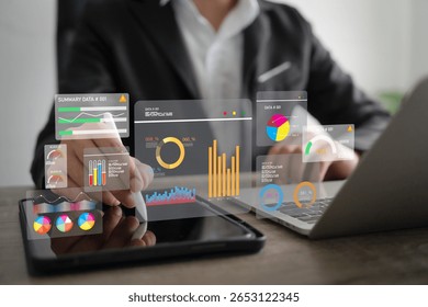Analysts using big data dashboards to assess performance, KPIs, strategic decisions with AI and technology.