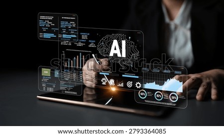 Analytical dashboard display with artificial intelligence data visualization and graphs for business decision-making and digital transformation in modern technology