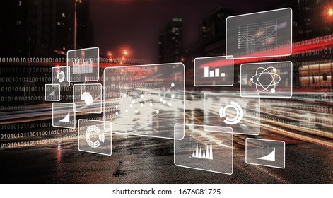 Analytics data big business intelligence on the city background
