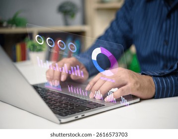 Analytics interface displaying KPI, bar chart, and pie chart for business performance and strategic planning. finance, marketing reports, and digital business