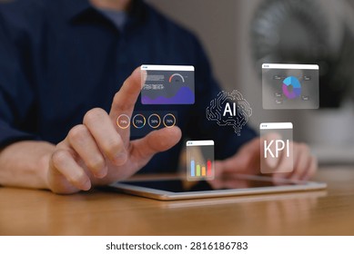 analyzing AI-powered business intelligence dashboard with KPI metrics, data analytics, performance reports, digital transformation, strategic planning, and enterprise decision making.