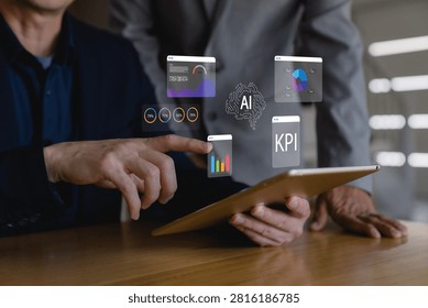 analyzing AI-powered business intelligence dashboard with KPI metrics, data analytics, performance reports, digital transformation, strategic planning, and enterprise decision making.