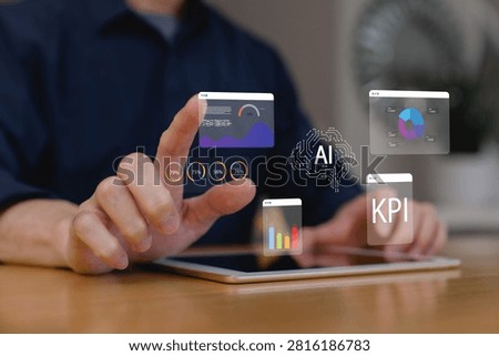 analyzing AI-powered business intelligence dashboard with KPI metrics, data analytics, performance reports, digital transformation, strategic planning, and enterprise decision making.