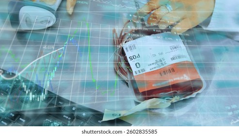Analyzing blood sample data on computer, hands typing on keyboard. Laboratory, diagnostics, healthcare, analysis, technology, research