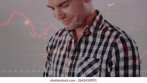 Analyzing checkered shirt man reviewing red line graph in studio, with gridlines and axis labels. Analytics, finance, data visualization, professional, digital, technology, business