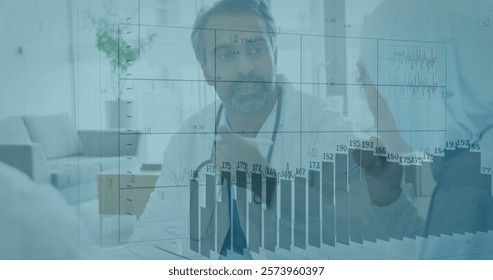 Analyzing data charts and graphs image over medical professionals in discussion. analysis, healthcare, teamwork, statistics, digital transformation, collaboration