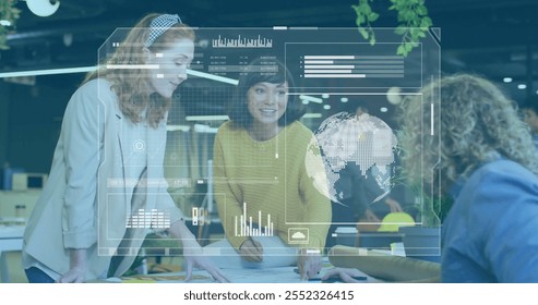 Analyzing data and discussing strategy, businesswomen with digital interface image over them. technology, analysis, collaboration, teamwork, discussion, innovation - Powered by Shutterstock