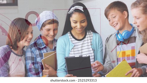 Analyzing data and graphs image over diverse students using tablet. Technology, education, learning, digital, statistics, diversity