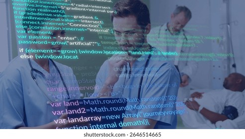 Analyzing data, medical professionals using image overlay in school setting. Healthcare, technology, collaboration, education, teamwork