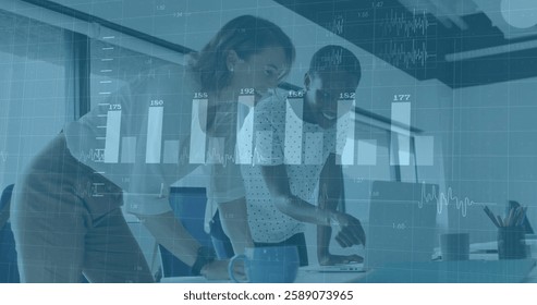 Analyzing data on laptop, business professionals with financial charts image over them. data analysis, teamwork, collaboration, finance, analytics, technology