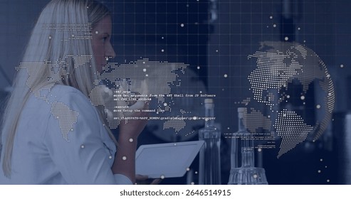 Analyzing data on tablet, woman viewing image with digital world map overlay. Technology, innovation, analytics, user interface, information, touchscreen