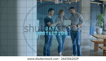 Analyzing data protection overlay on silver laptop by three professionals at wood table, with plant. Cybersecurity, teamwork, innovation, moderninterior, collaboration, technology, business