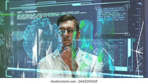 Analyzing data scientist in lab coat standing before panels in lab, with holographic world map. Technology, innovation, futuristic, research, analytics, visualization, professional