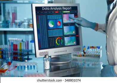 analyzing data scientist in the laboratory with a screen project development / researcher touching the screen of report research data