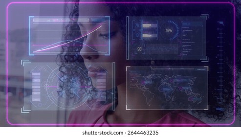 Analyzing data specialist woman using holographic panels in lab, with neon display reflection. Futuristic, technology, innovation, analytics, data visualization, high-tech, digital interface