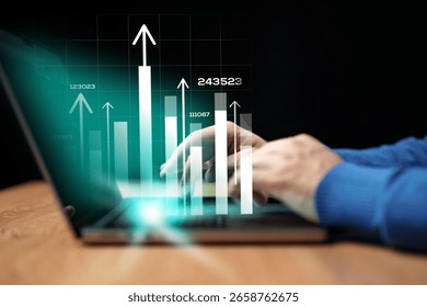 Analyzing data trends with digital graphs and charts during a late-night work session in a modern office