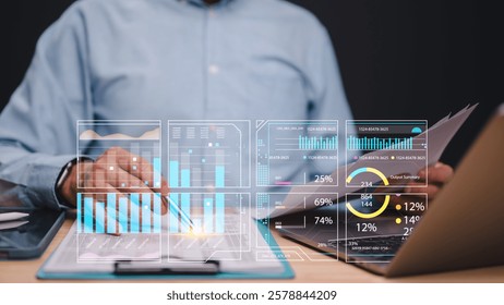 Analyzing Data Trends with Interactive Dashboards, Professional reviews financial reports, using overlay graphs and data visualizations to interpret key metrics and enhance decision-making strategies