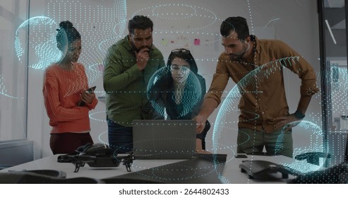 Analyzing digital globe with professionals around laptop in meeting room, with VR controllers. Technology, collaboration, data visualization, innovation, modern office, teamwork, digital - Powered by Shutterstock - Get 15% off with code: PIKWIZARD15