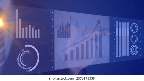 Analyzing financial charts and graphs, business data processing image over man. finance, data analysis, economy, statistics, technology, digital
