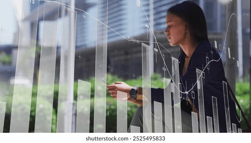 Analyzing financial data image over businesswoman using smartphone outdoors. Finance, technology, analysis, communication, professional, economy - Powered by Shutterstock - Get 15% off with code: PIKWIZARD15