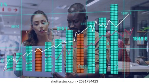 Analyzing financial data image over diverse business people in office. finance, data analysis, teamwork, collaboration, corporate, technology
