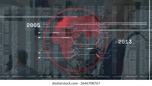 Analyzing global map data on transparent digital display by team in meeting room with tablet stylus. Technology, innovation, teamwork, data visualization, corporate, modern, communication