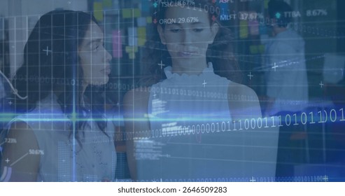 Analyzing Hispanic woman examining data on digital display at tech office, binary code streaming. Technology, collaboration, innovation, analytics, futurism, data visualization, professional
