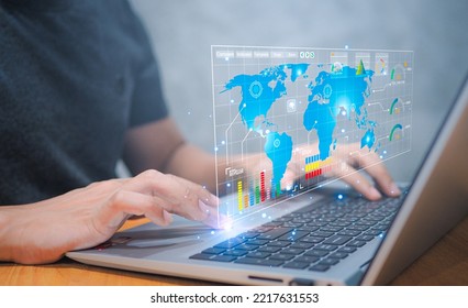 analyzing information structure on screen. Business Analytics and Data Management System on computer. Digital transformation concept. Global internet network connection technology.