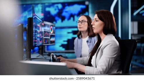 Analyzing KPI Business Analytics Data Dashboard on Office Computer Screen. Consulting Professional Woman Viewing Performance Charts for Corporate Growth.