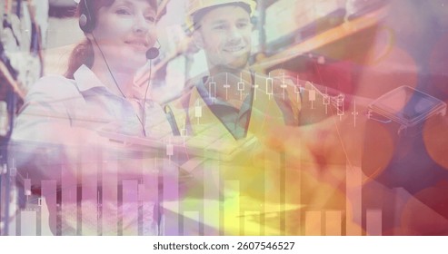 Analyzing logistics data, warehouse workers using technology and headsets in facility. data analysis, workforce, transportation, supply chain