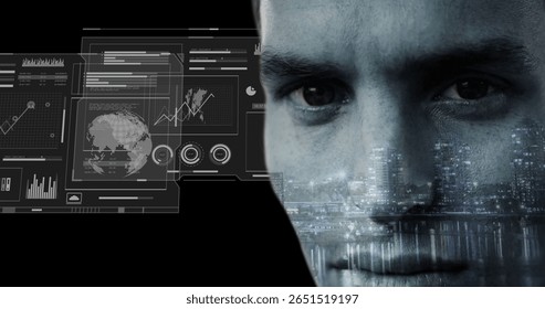 Analyzing male interpreting data in lab with holographic charts and skyline, copy space. Futuristic, technology, data, analytics, virtual, innovation, dashboard