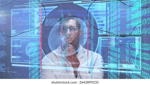 Analyzing male scientist studying holographic data in high-tech lab, featuring transparent screens. Futuristic, technological, innovation, digital, interface, science, analytics