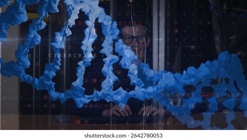Analyzing man in dark sweater examining malware warning code at control room desk, blue chain links. Cybersecurity, digital protection, network security, data defense, technological, futuristic,