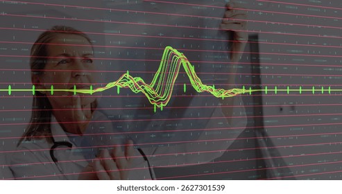Analyzing medical team checking waveform on display in clinic, with stethoscope, stylus, copy space. Diagnostic, healthcare, technology, collaboration, clinical, data, innovation
