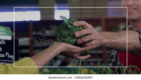Analyzing nutritional data image over person selecting vegetables in grocery store. healthy eating, grocery shopping, data analysis, health, lifestyle, food