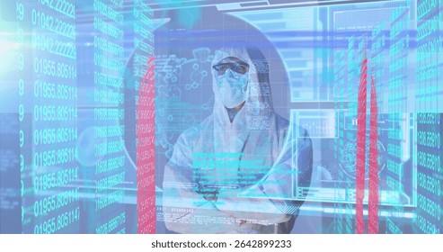 Analyzing scientist wearing coverall mask goggles monitoring holographic numeric streams in lab. Technology, research, innovation, futurism, cybersecurity, digital, science