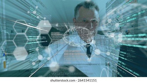 Analyzing senior scientist in lab coat examining holographic brain model in lab with code lines. Technology, innovation, research, futuristic, data, visualization, scientific - Powered by Shutterstock - Get 15% off with code: PIKWIZARD15