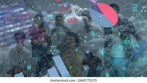 Analyzing six colleagues reviewing bar charts and pie chart in conference room, network diagrams. Digital, analytics, modern, business, professional, futuristic, collaboration
