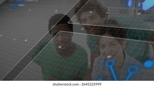 Analyzing team interacting with holographic panels at console with grid overlay, map and blue nodes. Futuristic, collaborative, technology, innovation, digital, interface, data