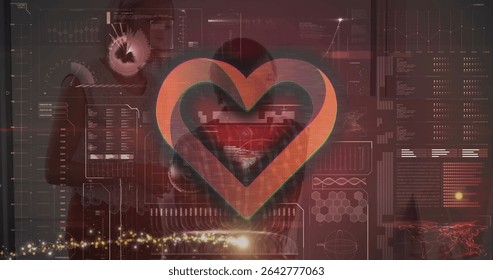 Analyzing two colleagues in blazers reviewing holographic charts at data lab, with 3D heart icon. Futuristic, innovation, technology, data visualization, analytics, collaboration, digital