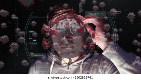 Analyzing virus data on digital interface, man in hoodie with focused expression. Cybersecurity, hacking, technology, information, monitoring, analysis - Powered by Shutterstock - Get 15% off with code: PIKWIZARD15