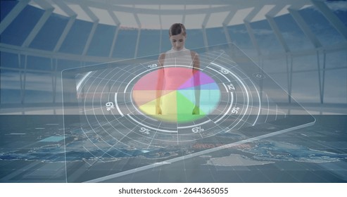 Analyzing woman in sleeveless top reviewing holographic pie chart in control room, with world map. Technology, innovation, data visualization, futurism, business, analytics, digital interface