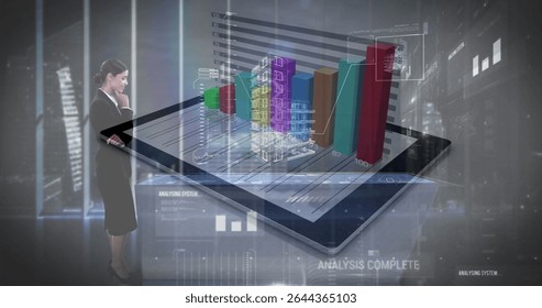 Analyzing woman in suit operating tablet in data hub, with bar chart, 3D model, copy space. Technology, innovation, futurism, analytics, data, visualization, professional