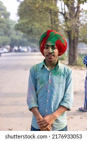 Anandpur Sahib, Punjab, India - March 2022: Portrait Of Sikh Male (Nihang Sardar) During The Celebration Of Hola Mohalla At Anandpur Sahib During Holi Festival.