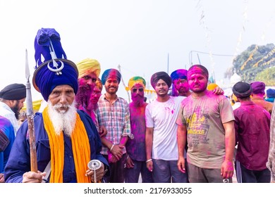 Anandpur Sahib, Punjab, India - March 2022: Portrait Of Sikh Male (Nihang Sardar) During The Celebration Of Hola Mohalla At Anandpur Sahib During Holi Festival.