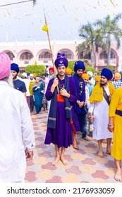 Anandpur Sahib, Punjab, India - March 2022: Portrait Of Sikh Male (Nihang Sardar) During The Celebration Of Hola Mohalla At Anandpur Sahib During Holi Festival.