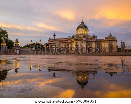 The Ananta Samakhom Throne Hall after the rain in sunset time. The place is a royal reception hall within Dusit Palace in Bangkok, Thailand. It was commissioned by King Chulalongkorn in 1908. 