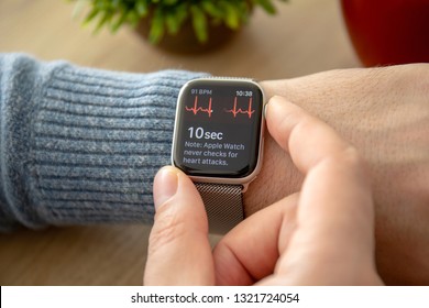 Anapa, Russia - February 17, 2019: Man Hand With Apple Watch Series 4 With The ECG App On The Screen. Apple Watch Was Created And Developed By The Apple Inc.