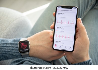 Anapa, Russia - February 17, 2019: Man Hand With Apple Watch Series 4 And IPhone 11 With The ECG App On The Screen.